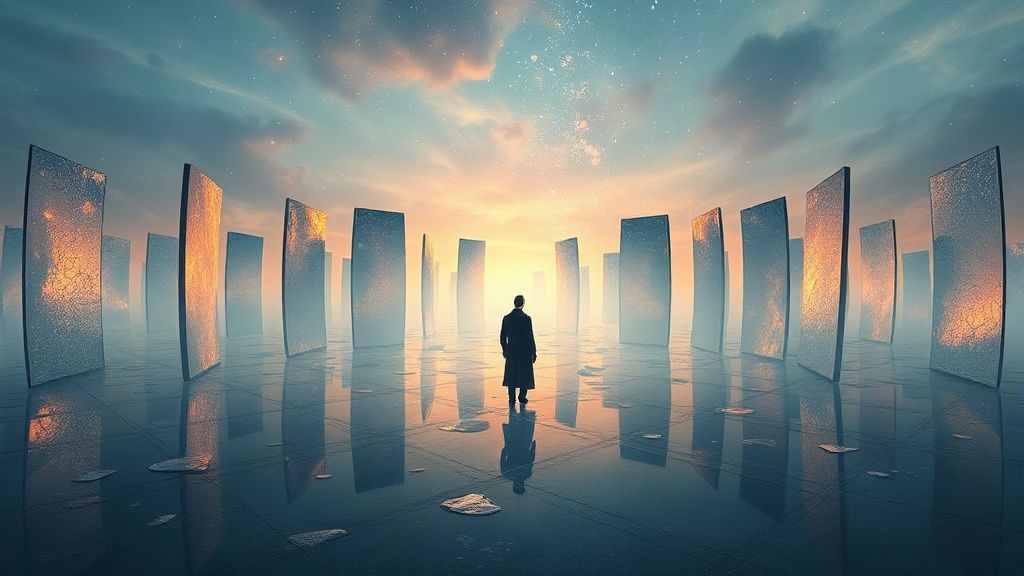A lone figure surrounded by shimmering, fragmented mirrors reflects distorted realities under a celestial twilight, soft ethereal glow. Navigate communication through swirling, translucent whispers.