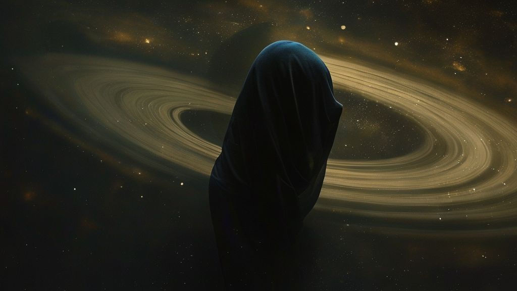 A lone figure veiled in shadow, bathed in ethereal moonlight. Saturn's rings spiral around them, casting hues of indigo and gold, reflecting self-doubt and introspection.