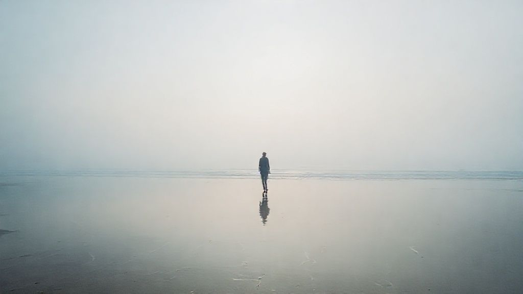 A lone figure walks a misty beach at dawn. Pale sunlight reflects on wet sand, mirroring the vast, calming ocean. The sky blends with the water in soft blues and whites; mystic, ethereal, 4k.