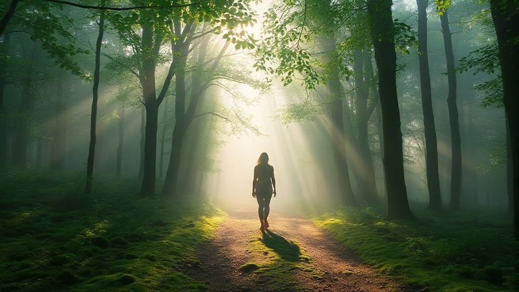 A lone figure walks a misty forest path. Sunlight filters through emerald leaves, illuminating their bare feet on the mossy ground. Soft, ethereal glow. Mystic, 4k.
