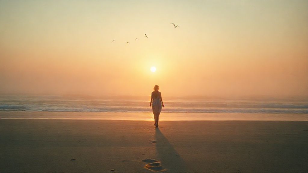 A lone figure walks barefoot on a beach, golden hour light illuminating the ocean. Soft sand reflects the sunset, a misty horizon blurs with the sky, emphasizing calm. Birds fly over. Mystic, ethereal, 4k, cinematic.