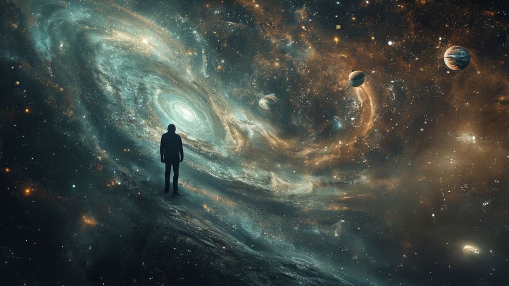 A lone figure, bathed in celestial moonlight, observes a swirling galaxy. Cosmic dust forms a path, connecting them to orbiting planets. Mystic, ethereal, 4k, cinematic.