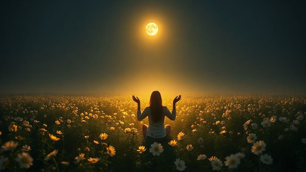 A lone figure, bathed in soft moonlight, kneels in a field of luminous, blooming night flowers. Hands raised in prayer, radiating a gentle golden aura, as the dark sky shimmers with subtle starlight.