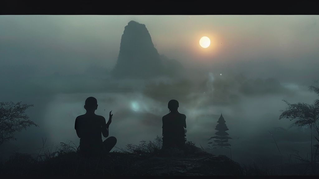A lone figure, bathed in soft moonlight, sits overlooking a misty Chiang Mai landscape. Ethereal glow emanates from their hands as they visualize intentions, connecting with the universe. Cinematic lighting, 4k.