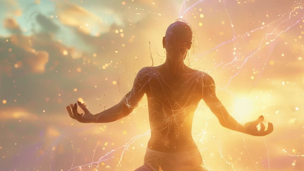 A lone figure, bathed in soft, golden light, performs yoga backbend. Silvery energy cords, severed and floating, dissolve into a pastel sky. Focus on heart chakra.