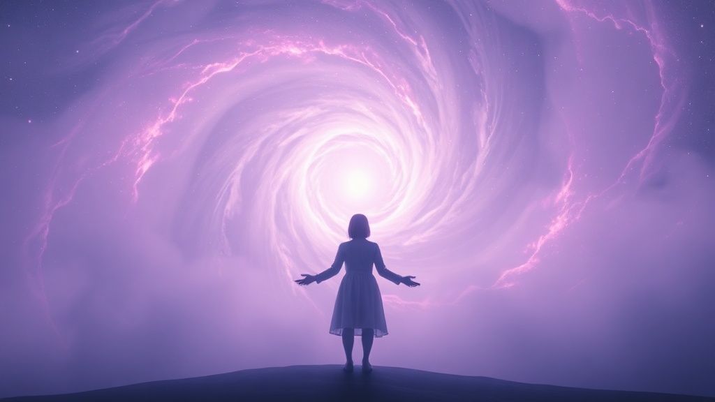 A lone figure, bathed in soft, lavender light, stands before a swirling nebula of gender symbols. Ethereal, translucent hands offer support. Mystic, 4k, cinematic.