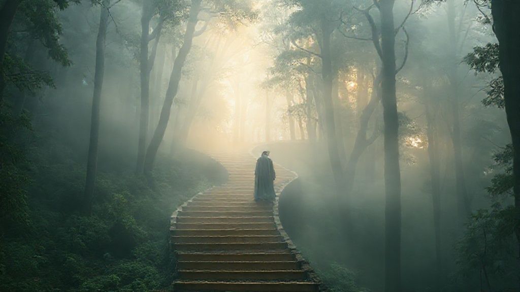 A lone figure, cloaked in mist, slowly ascending a winding, golden staircase. Soft light filters through a dense forest, highlighting a path toward inner peace. Ethereal, mystical, 4k.