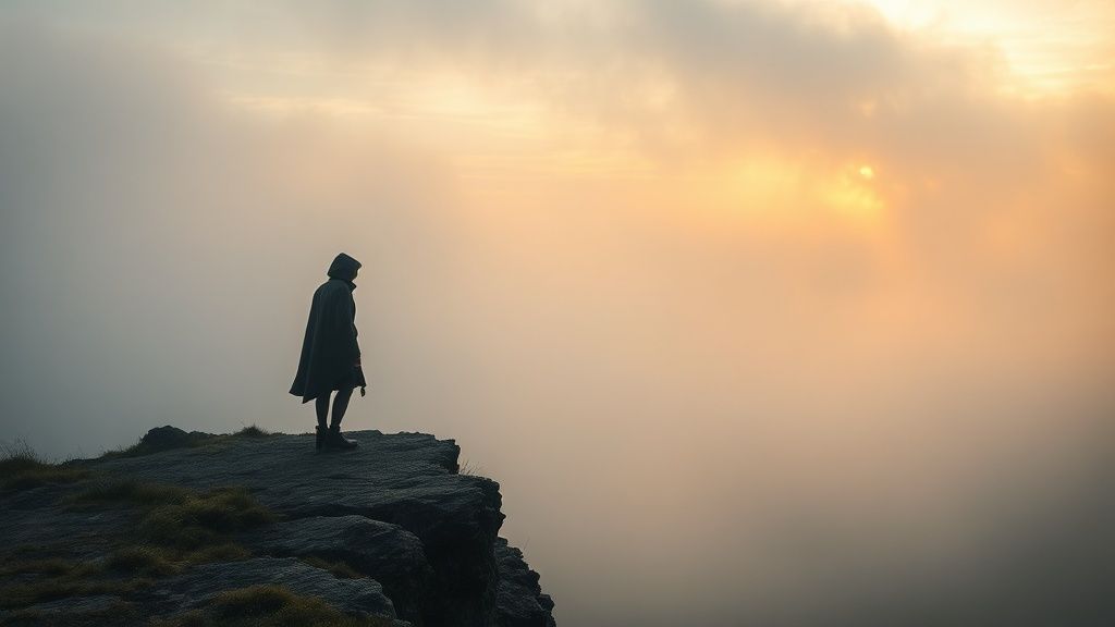 A lone figure, cloaked in mist, slowly unwinds on a windswept cliff edge as dawn breaks. Soft golden light reveals a hidden, vibrant inner landscape within.