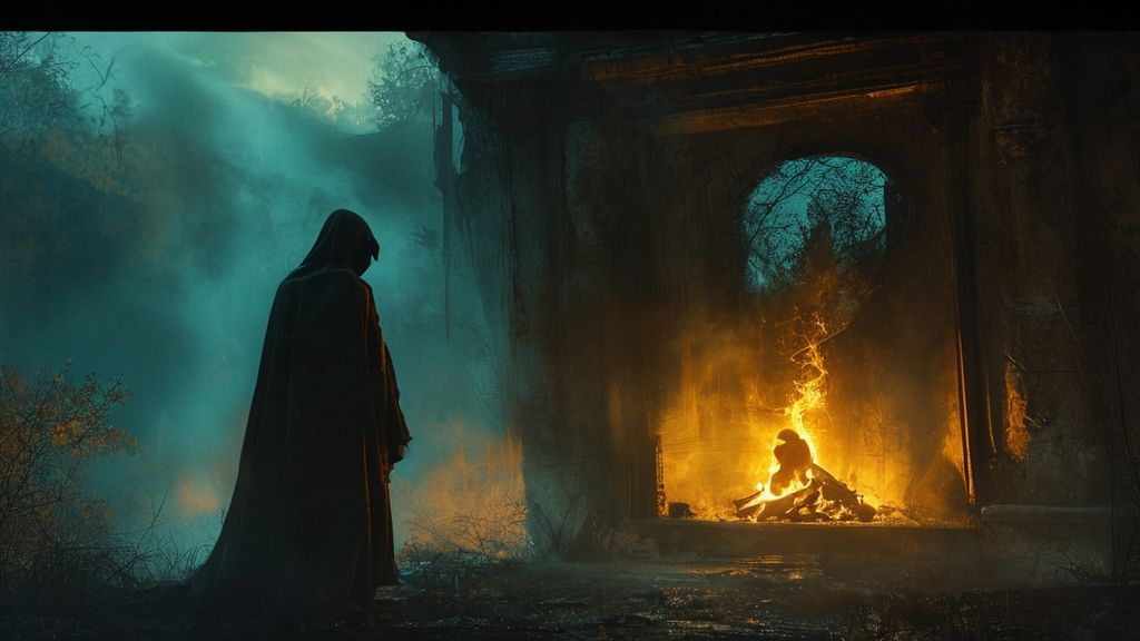 A lone figure, cloaked in shadow, silhouetted against a flickering, dying hearth. A fragmented mirror reflects a distorted, cold landscape. Colors: deep blues, faded golds, and sickly greens. Mystic, ethereal, 4k, cinematic lighting.