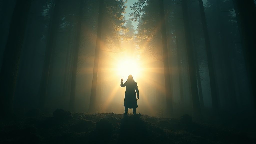 A lone figure, cloaked in shadows, reaching towards a radiant light bursting from a dark forest. Ethereal glow, deep blues, vibrant golds. Mystic, 4k, cinematic.