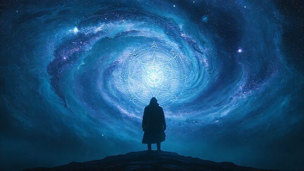 A lone figure, cloaked in shadows, stands before a swirling galaxy of watery blues and deep purples. Fractured light illuminates astrological symbols. Mystic, ethereal, 4k.