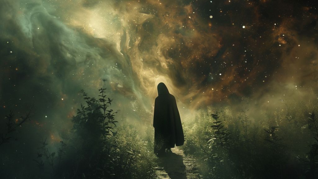 A lone figure, cloaked in shadows, stands before a swirling nebula of anxieties. Light pierces through, illuminating a path of blooming herbs. Mystic, ethereal, 4k, cinematic.