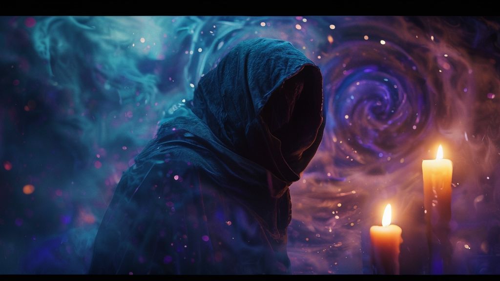 A lone figure, cloaked in shadows, stands before a swirling vortex of anxieties.  Flickering candlelight illuminates their face, etched with worry. Ethereal blues and purples engulf them, 4k, cinematic.