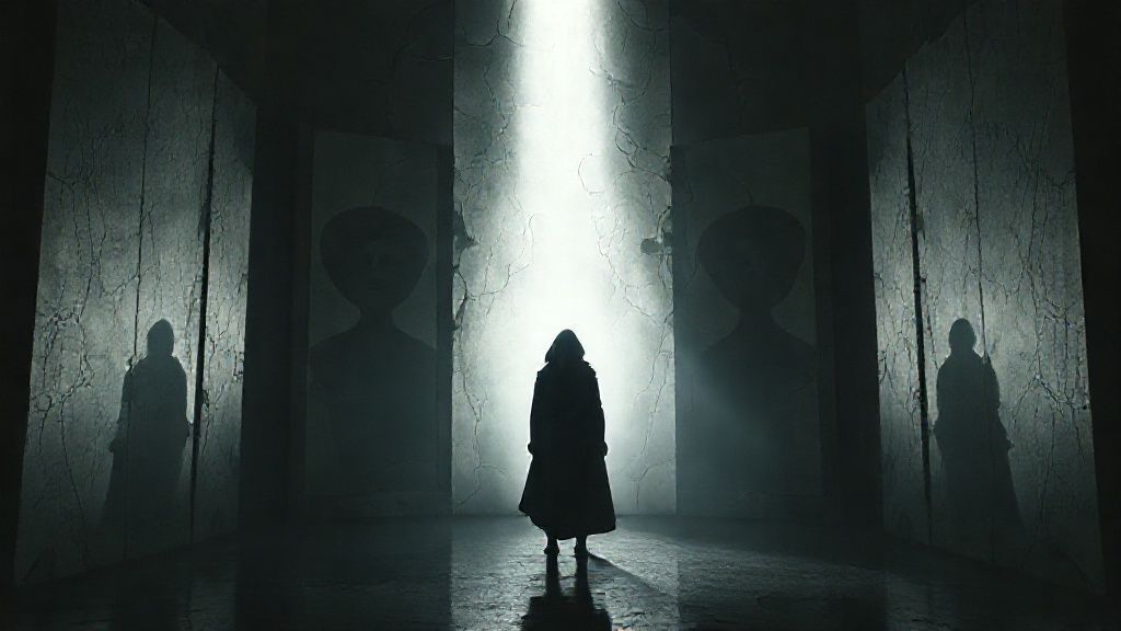 A lone figure, cloaked in shadows, stands before fractured mirrors reflecting distorted gender norms. Ethereal light struggles through, illuminating a path diverging from societal molds.