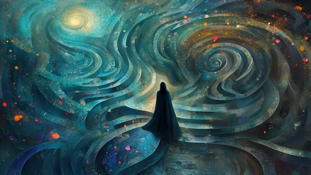 A lone figure, cloaked in soft blues, navigates a labyrinth of swirling, fragmented paths, illuminated by a gentle, ethereal glow.  Whispers of color dance around them, representing support.