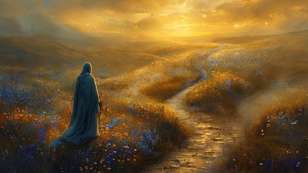 A lone figure, cloaked in soft blues, stands at a crossroads bathed in golden hour light. One path, veiled in shadow, the other, a winding, glowing trail of wildflowers. Imperfection is represented by a slightly cracked, luminescent pen resting on the ground nearby.
