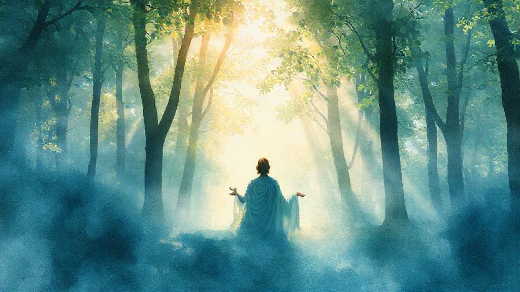 A lone figure, draped in flowing fabric, meditates within a sunlit forest clearing. Soft, warm light filters through the leaves, illuminating swirling watercolors of blue and green. Ethereal, mystic.