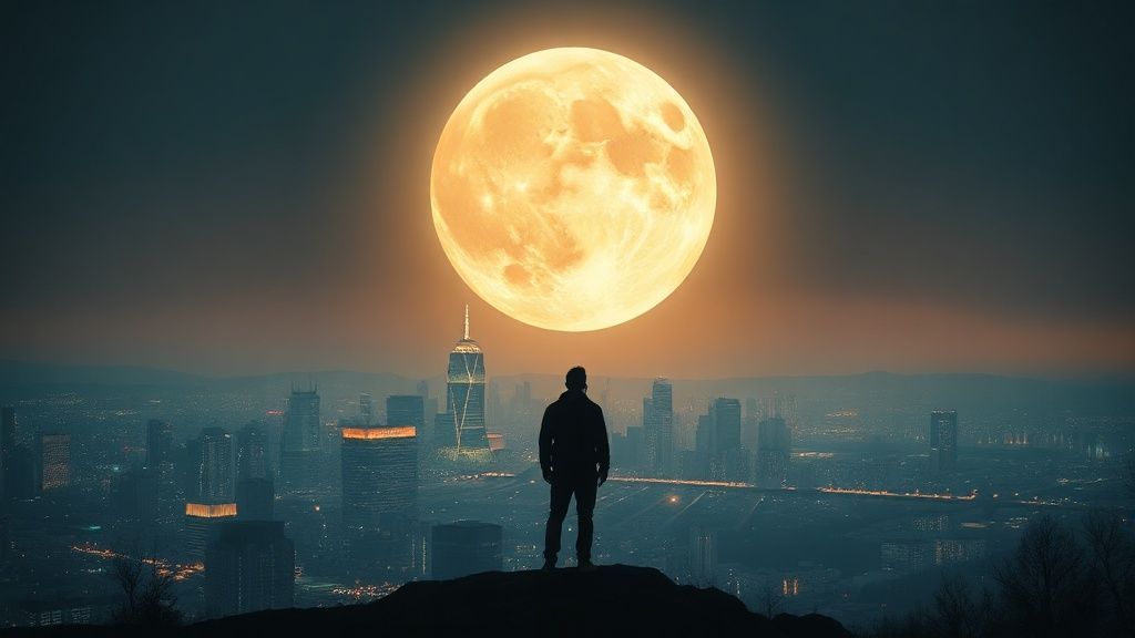 A lone figure, silhouetted against a vibrant cityscape under a colossal, luminous December full moon. Ethereal glow bathes the scene, reflecting amplified emotions. Cinematic, 4k.