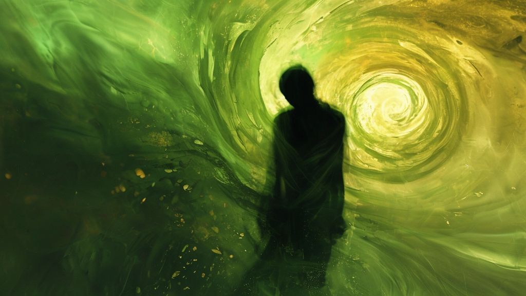 A lone figure, translucent and fading, silhouetted against a blurred, swirling vortex of sickly green and ochre hues. Fractured light spills across their form. Mystic, ethereal.