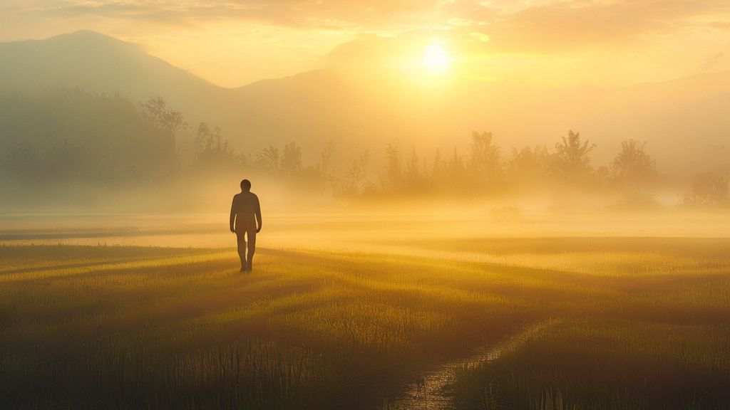 A lone figure, translucent and glowing, walks a misty path through vibrant rice paddies at dawn. Soft golden light filters, illuminating the ethereal landscape and promoting inner peace.