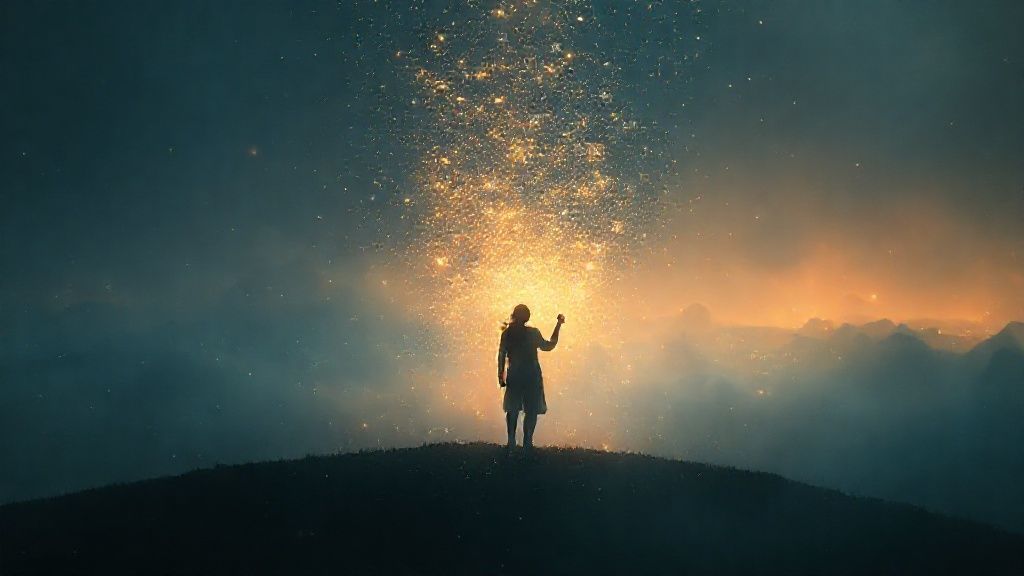 A lone figure, translucent, reaching towards a fragmented, shimmering social media feed. Deep indigo and gold light illuminates feelings of inadequacy within a dreamlike, ethereal landscape.