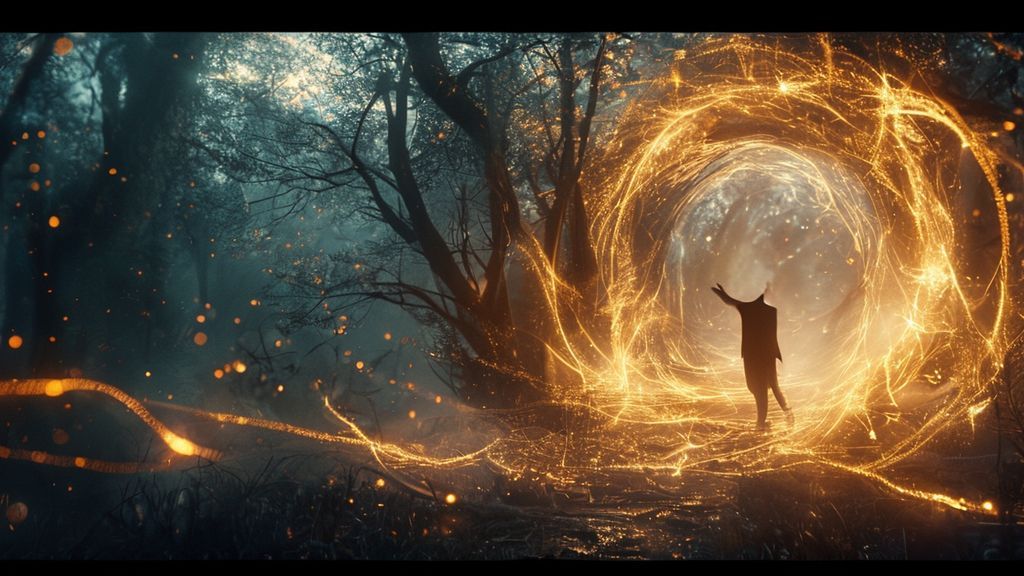 A lone figure, translucent, reaching towards a fragmented, swirling portal. Energetic cords, shimmering gold, retracting, leaving trails of light in a twilight forest. Mystic, ethereal, 4k, cinematic lighting.