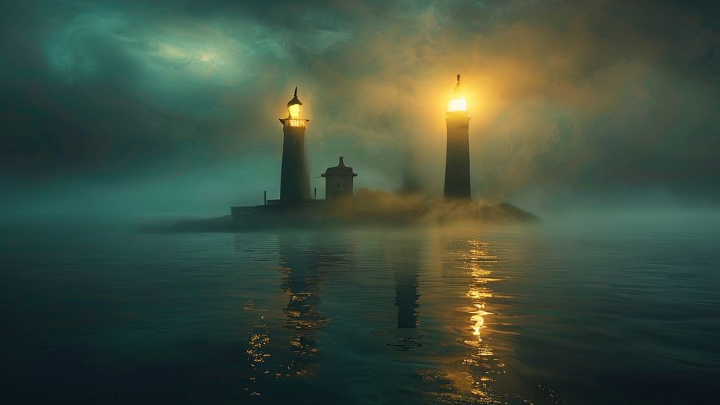 A lone lighthouse, radiating soft gold light, pierces a swirling mist. The sea below reflects an array of blues and greens. Mystic, ethereal, 4k, cinematic lighting.