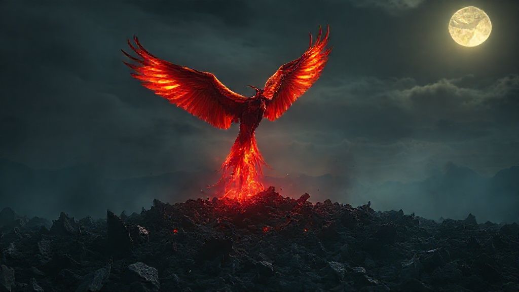 A lone phoenix, wings ablaze in crimson, rises from a bed of dark, swirling ashes under a moonlit sky. Mystic, ethereal, 4k, cinematic lighting.
