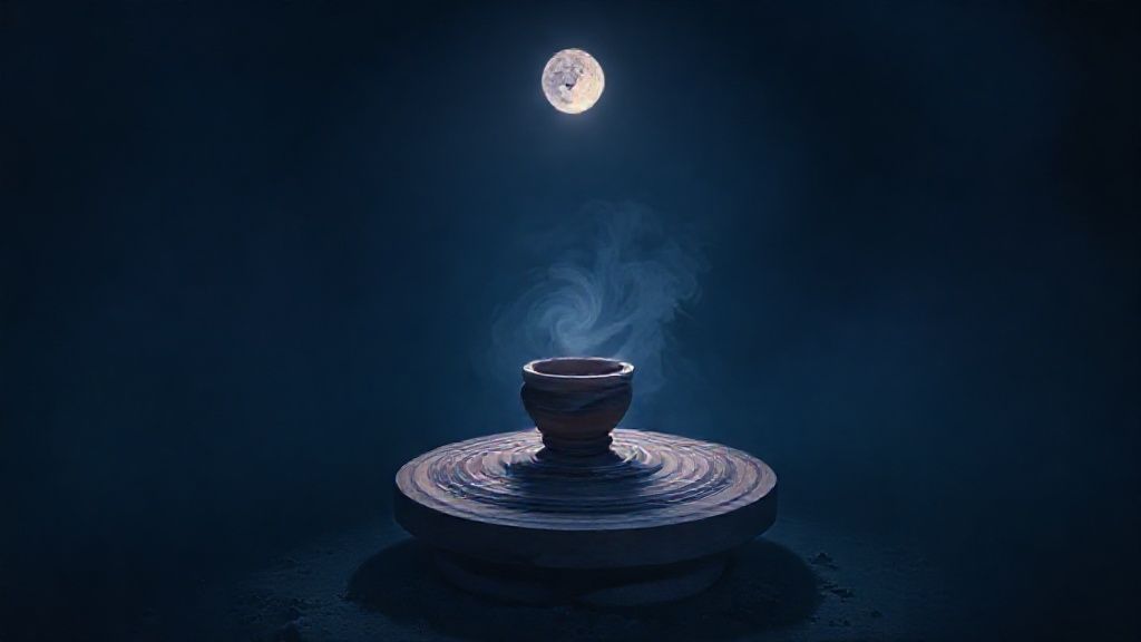 A lone potter centered on a wheel, bathed in soft moonlight. Clay glows faintly, spiraling with ethereal light. Focus, patience, and letting go defined. Deep blues, purples, and grounding earthy tones.