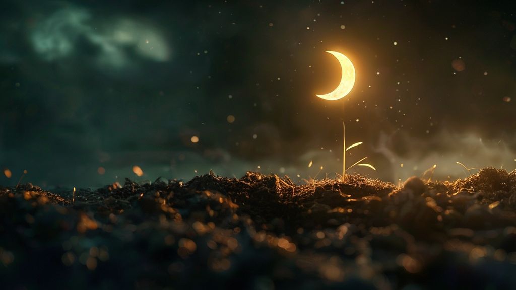 A lone seed glowing with inner light, roots reaching into dark, fertile earth under a crescent moon. Soft, ethereal light bathes the scene, highlighting textures. Mystic, 4k, cinematic.
