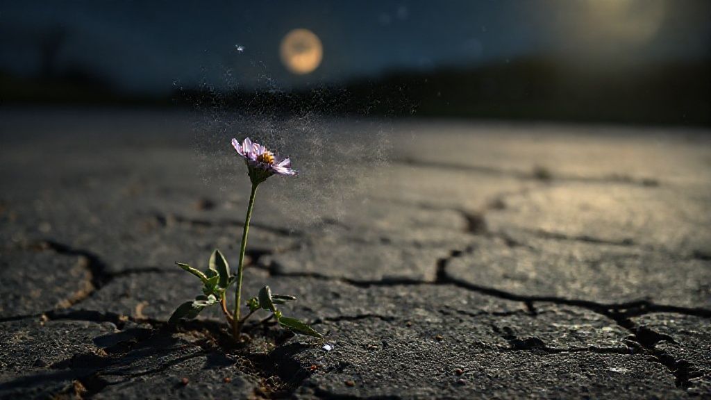 A lone wildflower blooming through cracked pavement, bathed in ethereal moonlight. Cosmic dust swirls, illuminating its resilient petals, hinting at emotional healing and a new direction.