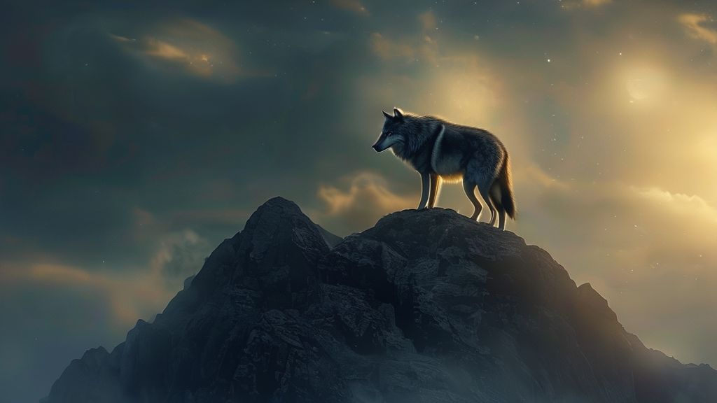 A lone wolf bathed in ethereal moonlight atop a mountain peak. Deep indigo sky, soft golden light on the wolf, misty, symbolic of inner strength and intuition. High quality 4k.