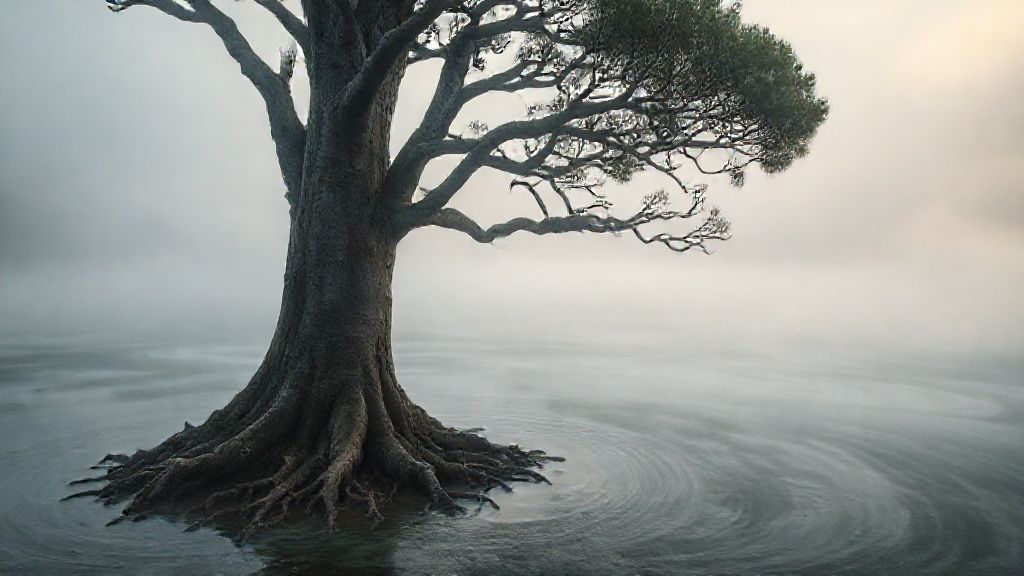 A lone, ancient Kauri tree bathed in a soft, melancholic light, its gnarled roots partially submerged in swirling, opalescent mist. The landscape suggests Aotearoa's beauty, but the air hints at unseen pressures.
