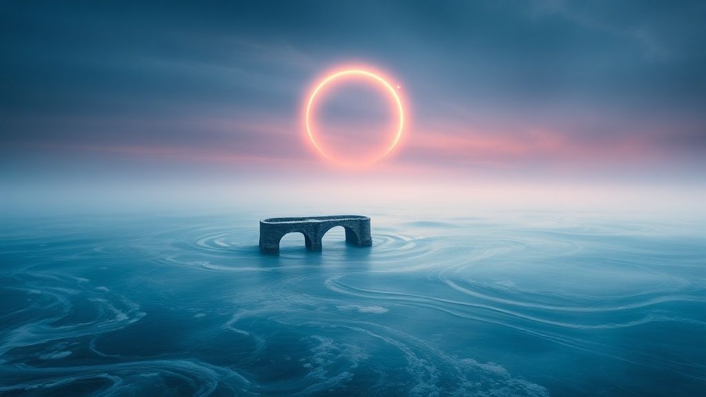 A lone, ancient bridge, half-submerged in a dreamlike ocean of swirling blues and violets. Saturn, a glowing ring, casts long shadows. Mystic, ethereal, 4k, cinematic lighting.