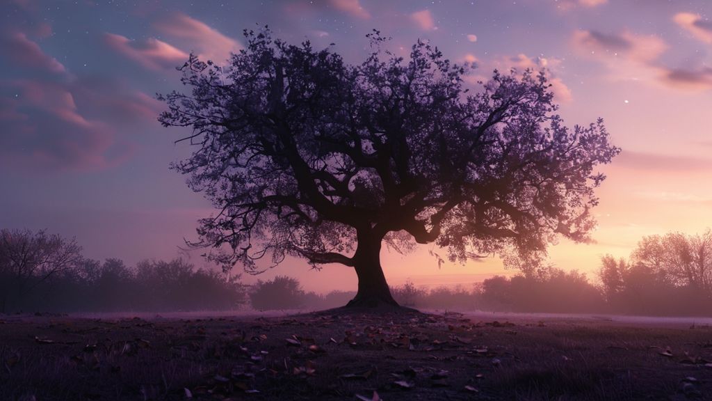 A lone, ancient oak silhouetted against a twilight sky, moon a delicate waning crescent. Soft, lavender light spills across a clearing strewn with fallen leaves, evoking release and introspection. Mystic, ethereal, 4k, cinematic.