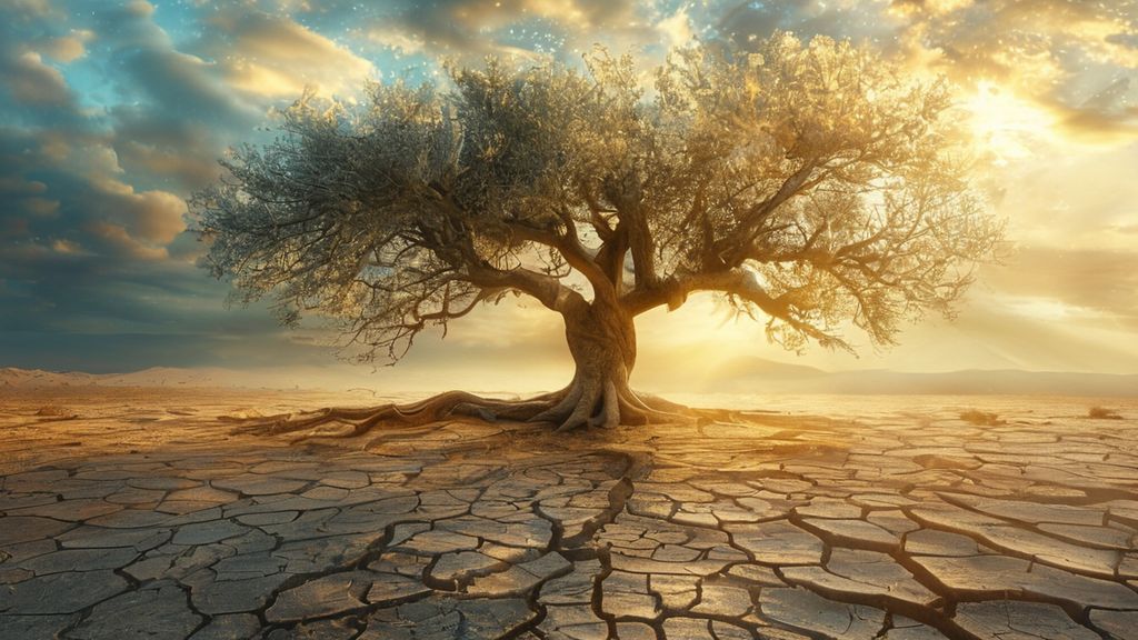 A lone, ancient olive tree bathed in celestial light, its roots intertwined with a cracked desert floor. Ethereal glow, representing hope amidst desolation. Soft blues and golds.