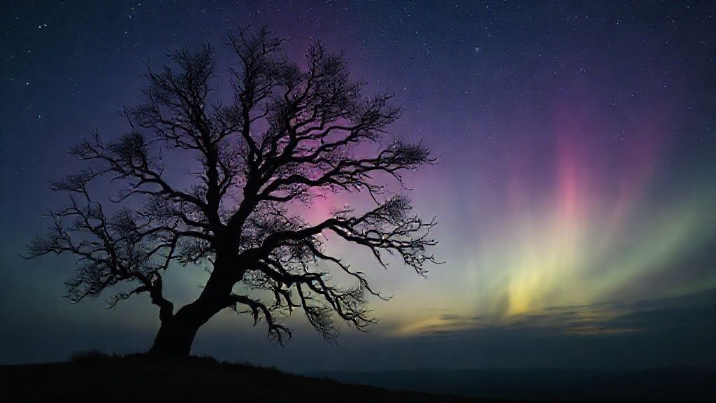A lone, ancient tree silhouetted against a twilight sky, branches reaching towards a celestial aurora. Light subtly shifts, hinting at dawn's promise within the cosmic void.