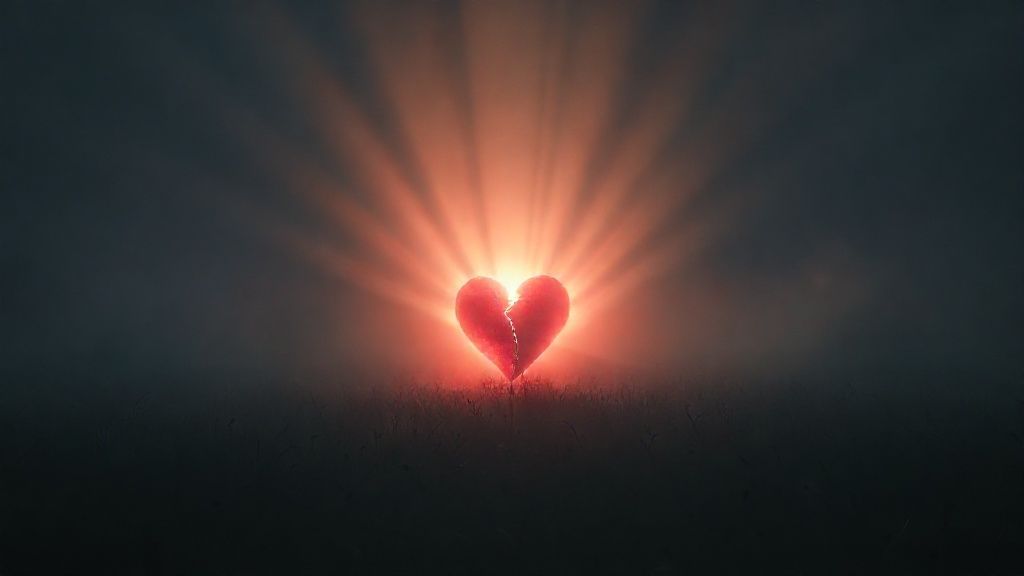 A lone, broken heart glows softly amidst a field of darkness. Beams of ethereal light embrace it, as a divine presence offers solace. Cinematic, 4k, mystic.