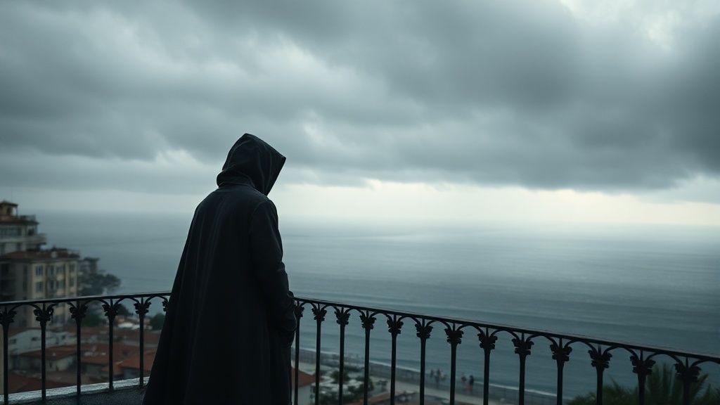 A lone, cloaked figure stands on a Barcelona balcony, overlooking a stormy, grey Mediterranean. The sea reflects a darkened sky. Ethereal light struggles to penetrate the despair. A heavy, suffocating atmosphere.