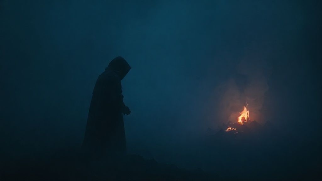 A lone, cloaked figure, submerged in deep indigo shadows, reaching towards a faint, glowing ember. Atmospheric mist, ethereal light breaks through, illuminating weary bones. Mystic, 4k, cinematic.