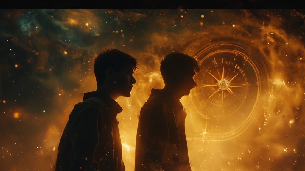 A lone, determined figure (Mike Wheeler) silhouetted against a swirling, cosmic night sky. Golden light emanates from a glowing compass, highlighting his resolute face. Mystic, ethereal, 4k, cinematic lighting.