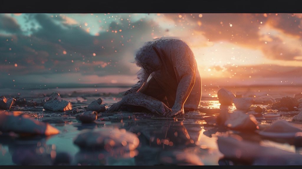 A lone, ethereal figure kneads clay under a celestial glow. Fractured pottery shards reflect twilight hues. A gentle, cosmic energy envelops them, whispering guidance. Cinematic, 4k.