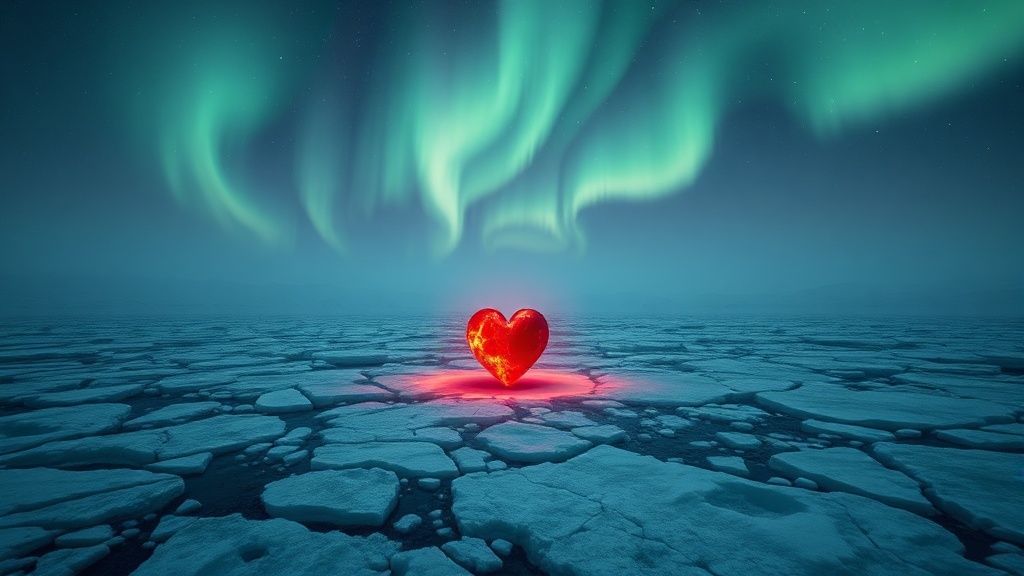 A lone, fiery heart burning crimson within a shattered, glacial landscape. Aurora borealis dances above. Impulsive energy meets hidden depths; mystic, ethereal, 4k, cinematic.