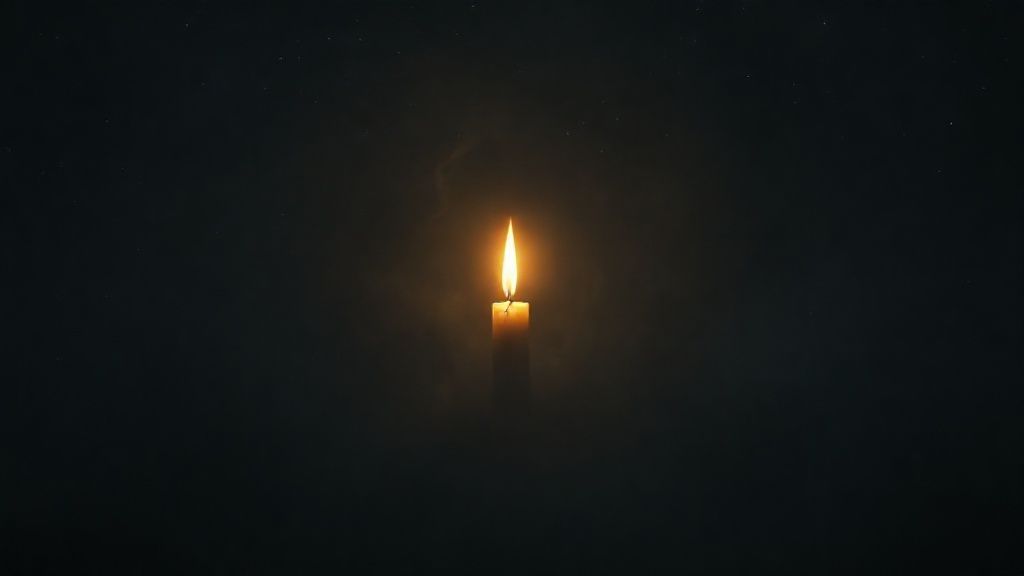 A lone, flickering candle flame in a vast, starless void. Around it, swirling darkness yields to a faint, golden light, suggesting resilience. Mystic, ethereal, 4k, cinematic.