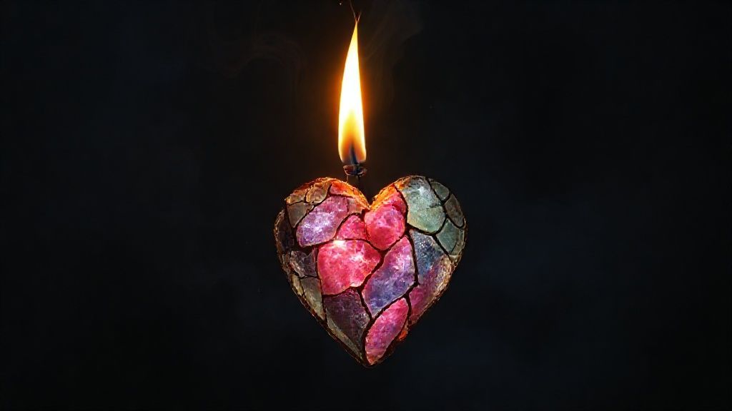 A lone, flickering candle flame struggles against an encroaching obsidian void, casting spectral light on a shattered, yet radiant, stained-glass heart, representing enduring hope.
