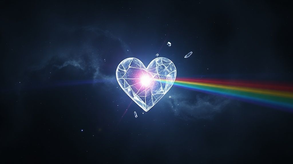 A lone, fragmented heart of shattered glass glows faintly in a dark, swirling nebula. Light fractures through, casting ethereal rainbows amidst the void, symbolizing healing and self-discovery.