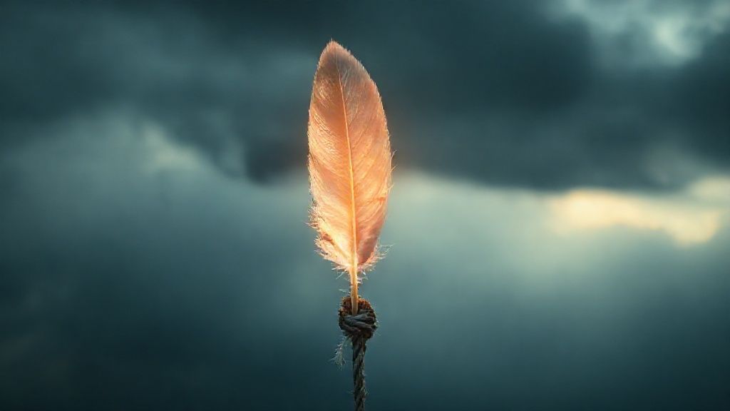 A lone, glowing feather, pierced by shadowy storm clouds, clinging to a frayed rope knot tied to a luminous soul, 4k, cinematic, ethereal.