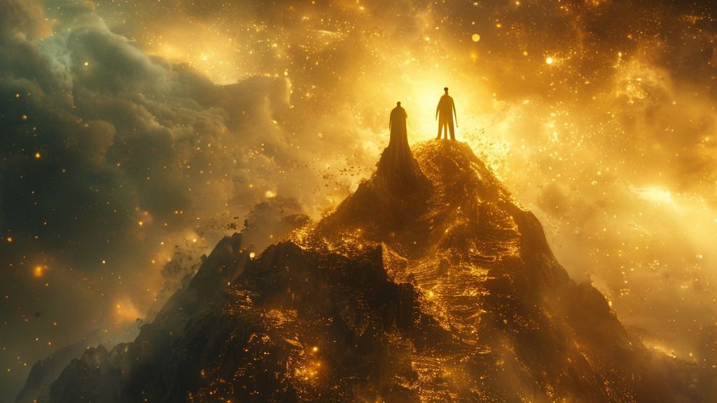A lone, glowing figure, radiating ambition, standing atop a precarious, swirling mountain of gold, bathed in celestial light, unaware of the impending shadows. Mystic, ethereal, 4k, cinematic.