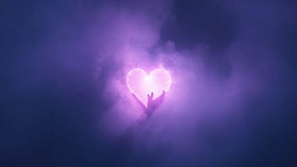 A lone, glowing heart in a misty nebula. Soft, lavender light bathes a figure embracing their own shadowy reflection. Deep blues and purples, ethereal textures, echoing vulnerability.