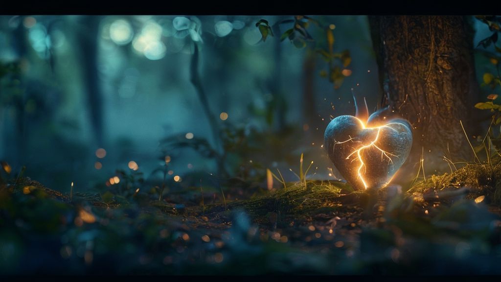 A lone, glowing heart, crackling with gentle light, nestled in a serene forest clearing. Mystic, ethereal ambiance, soft blues and greens, cinematic lighting, 4k.